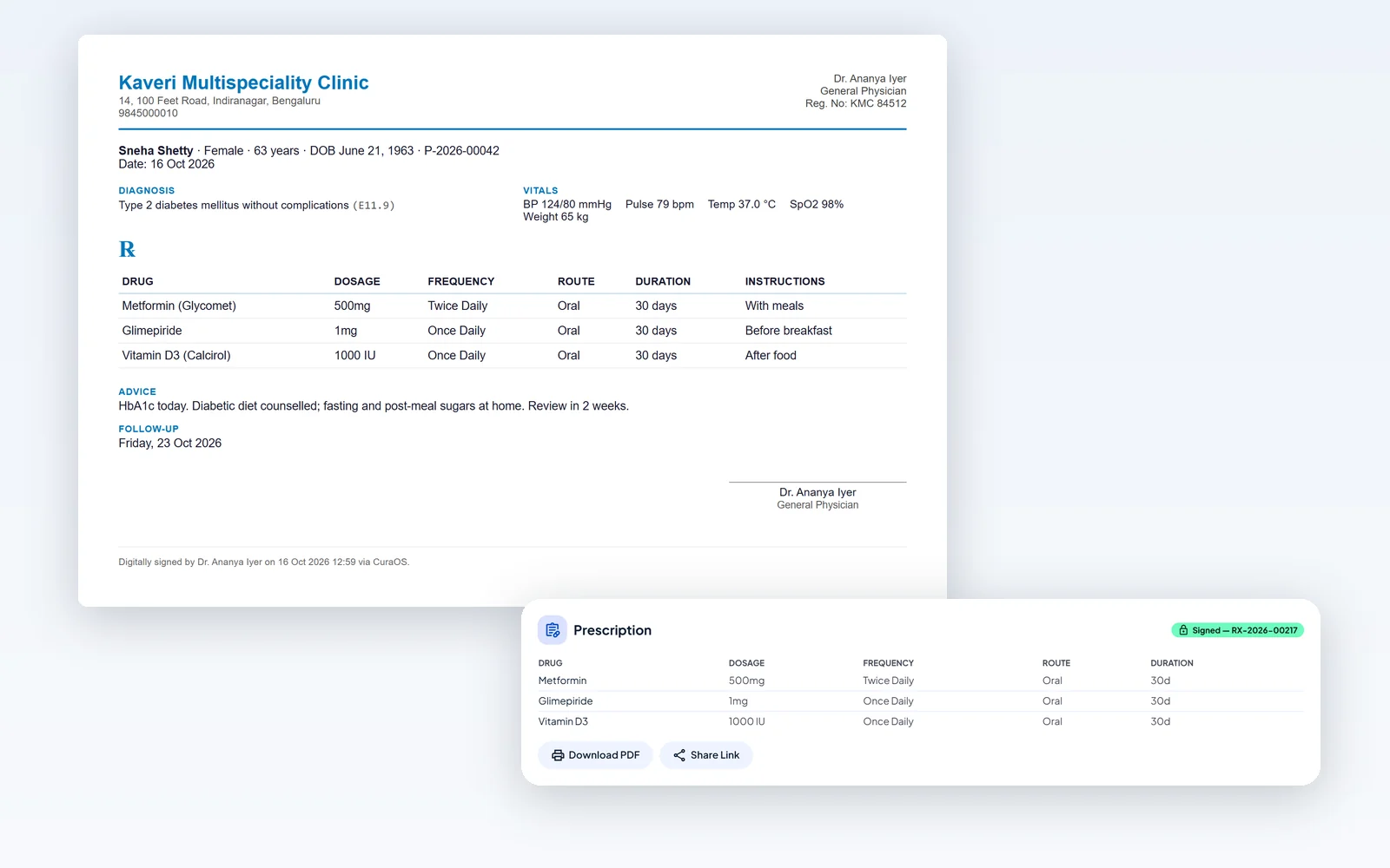 A signed CuraOS prescription: the printed copy and the in-app prescription with PDF and share-link buttons